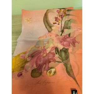 Les Copains 100% Silk Scarf Floral Print Orange Pink Made in Italy